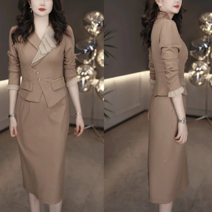 【连衣裙】2025早秋新款减龄温柔气质显瘦时尚女人味卡其色连衣裙