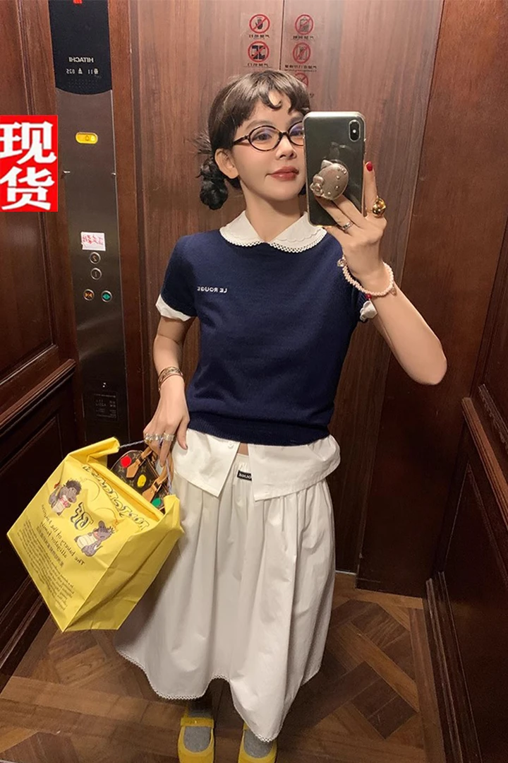 周美美 miu 复古多色羊毛圆领刺绣logo针织短袖上衣