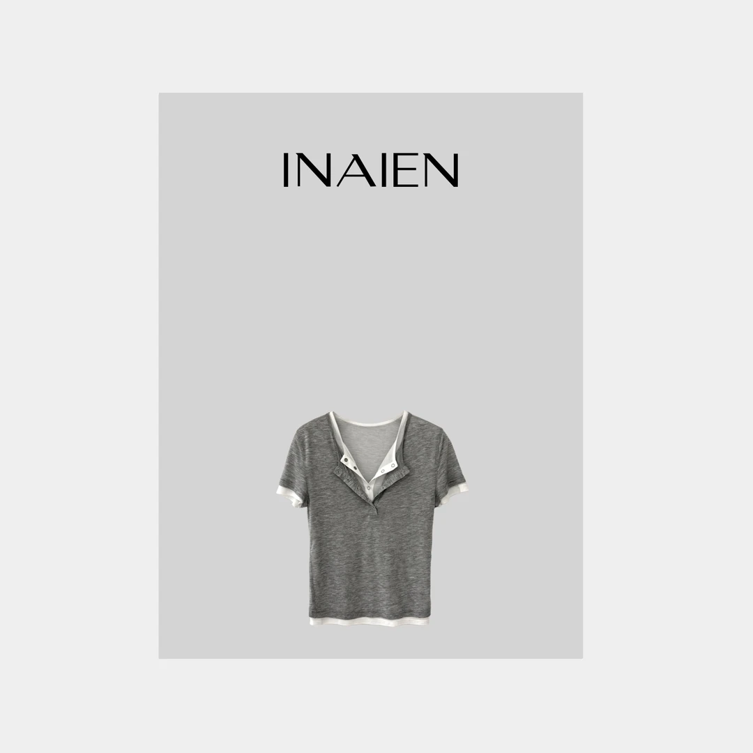 【INAIEN】线上款 双层撞色真两件修身T恤 L10058