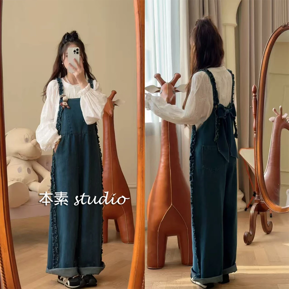 秋日出游Y3210蝴蝶结木耳边可调节牛仔背带裤