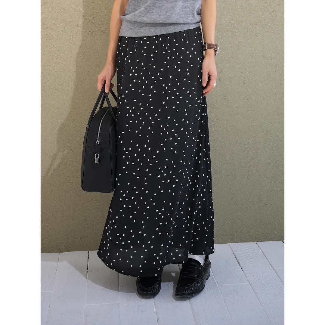 UPINLOOK垂感爽滑 复古黑白波点弹力腰H型长款半身裙子ID600