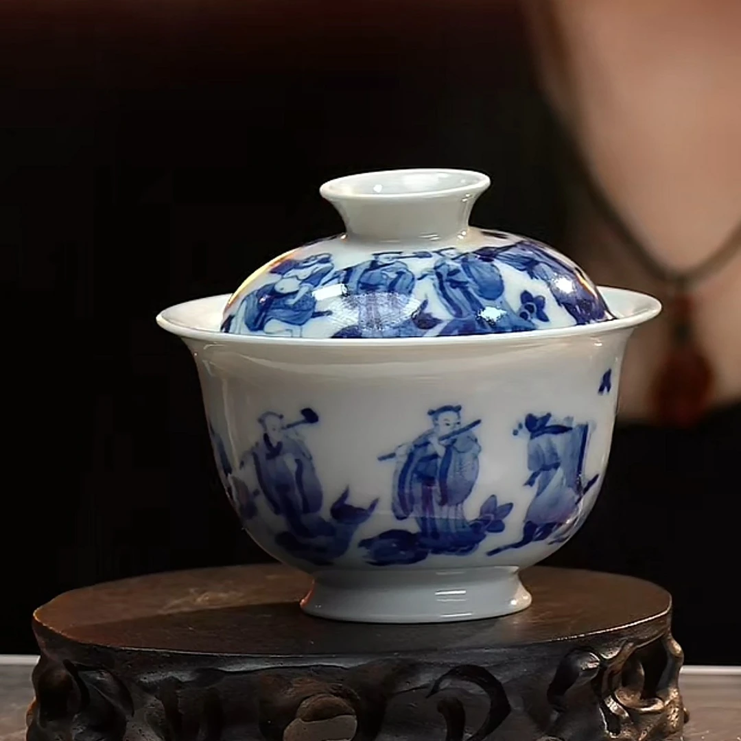 F青花八仙人物纹盖碗