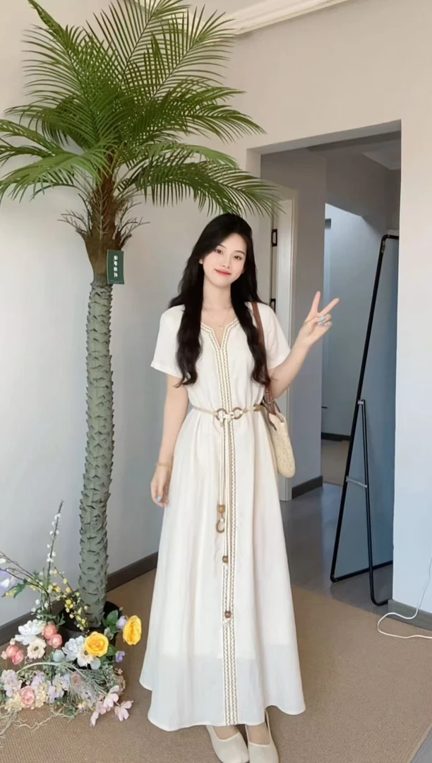 AN.XIN【白色花恋】小众松弛感高级宽松连衣裙 887-5