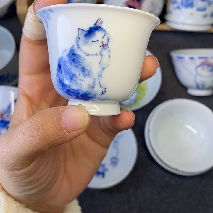 猫杯纯手工手绘青花