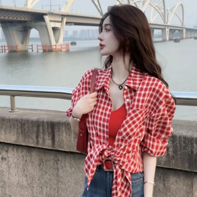 港式复古红色格子衬衫外套女夏季慵懒风宽松松弛感防晒开衫衬衣潮