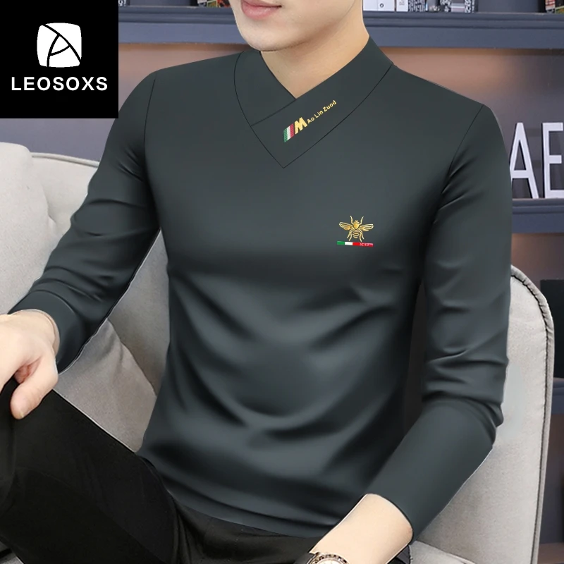 男士秋季薄款长袖t恤新款印花V领卫衣男款高端宽松休闲打底衫体恤