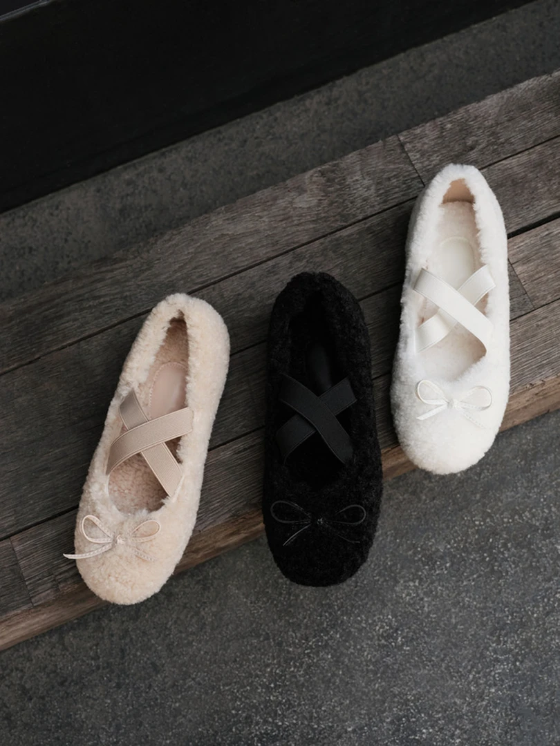 法式温柔毛毛鞋加绒保暖交叉带芭蕾鞋女2025秋冬新款平底玛丽珍鞋