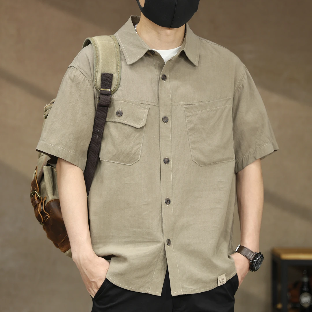 高端天然100%莱赛尔冰凉垂感薄款短袖衬衫男士夏季新款休闲衬衣男