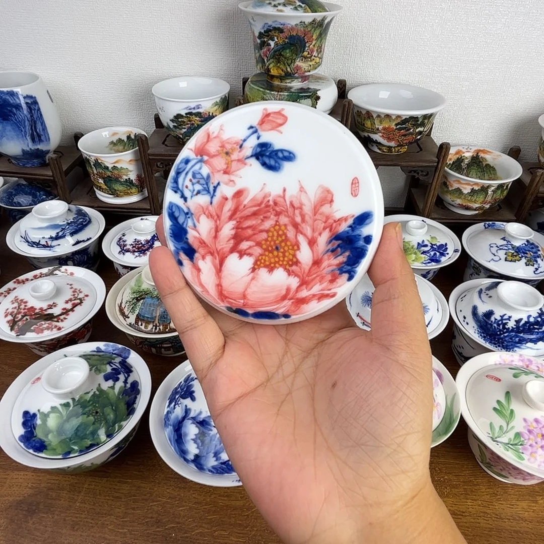 忠意堂釉下彩红牡丹盖置微瑕不退