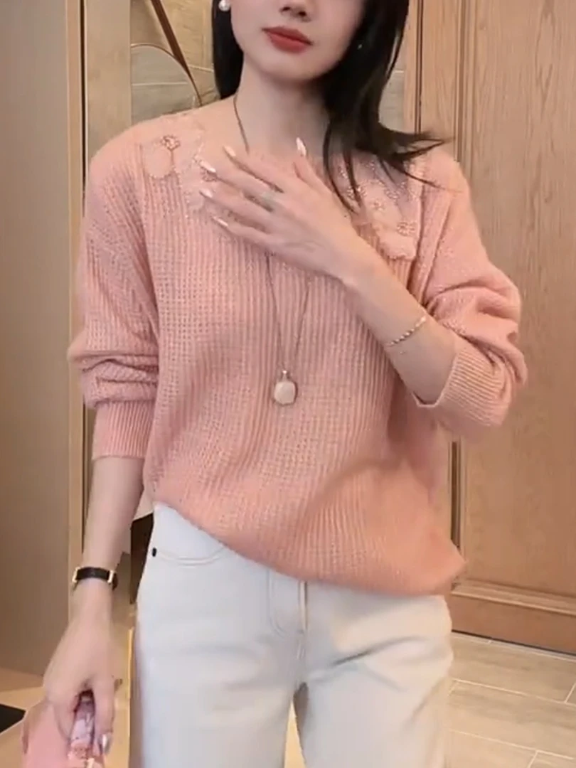 粉色圆领长袖针织衫女2025秋季新款法式气质温柔高级感百搭上衣潮