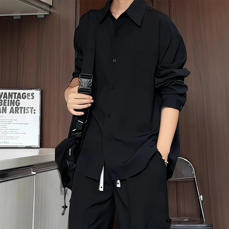 长袖冰丝衬衫男纯色夏季白色薄款潮百搭宽松大码垂感休闲黑色衬衣