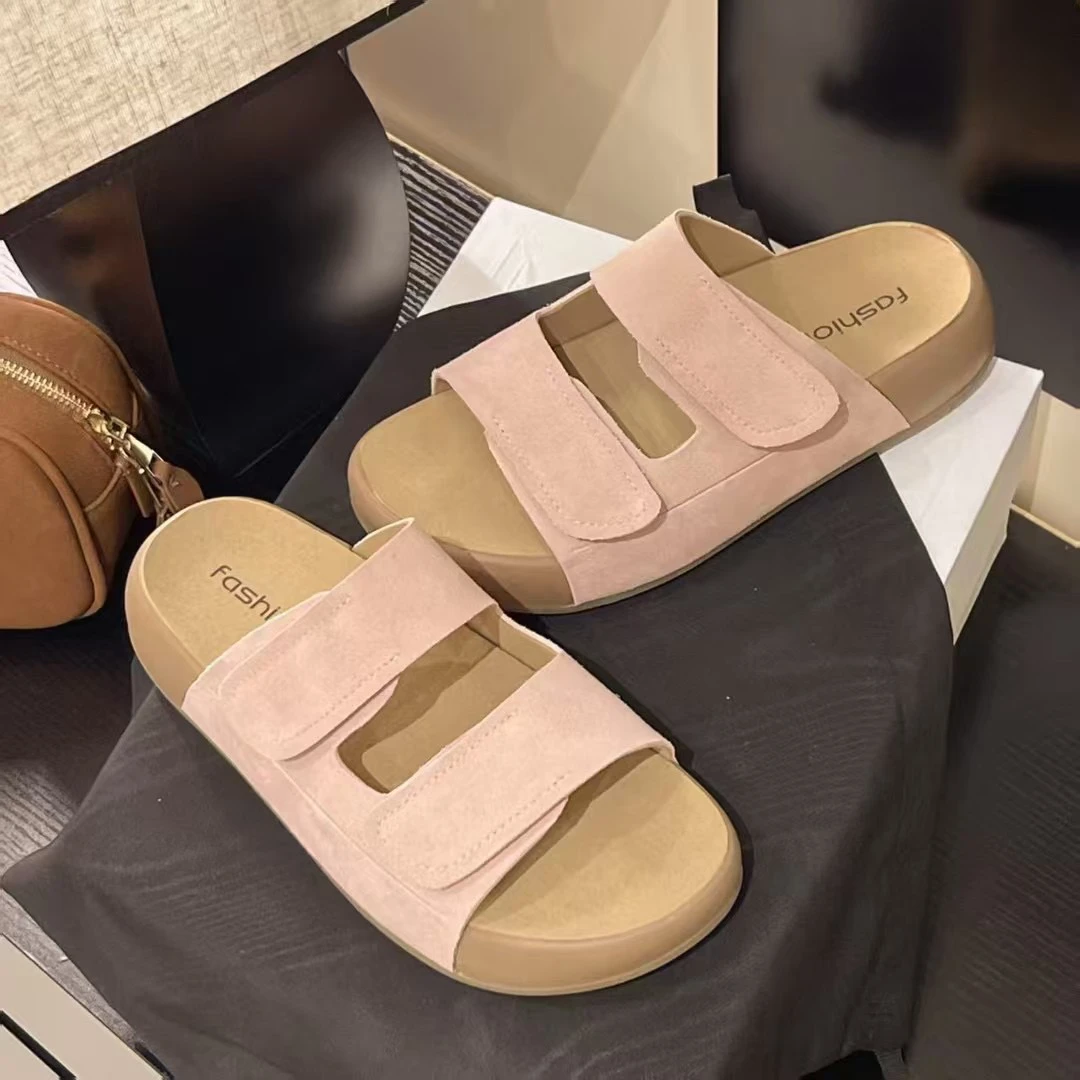 糖果博肯夏季新款厚底半拖鞋女外穿绒皮复古魔术贴一字拖软底百搭