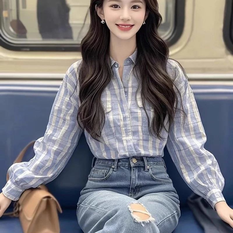 C501春季新款法式格子长袖衬衫女单排扣经典格子气质显瘦上衣女