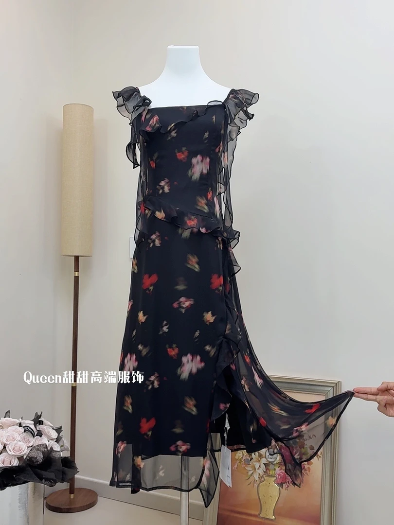 【花野仲夏】2025新款油画系列高定中长款法式印花吊带收腰连衣裙
