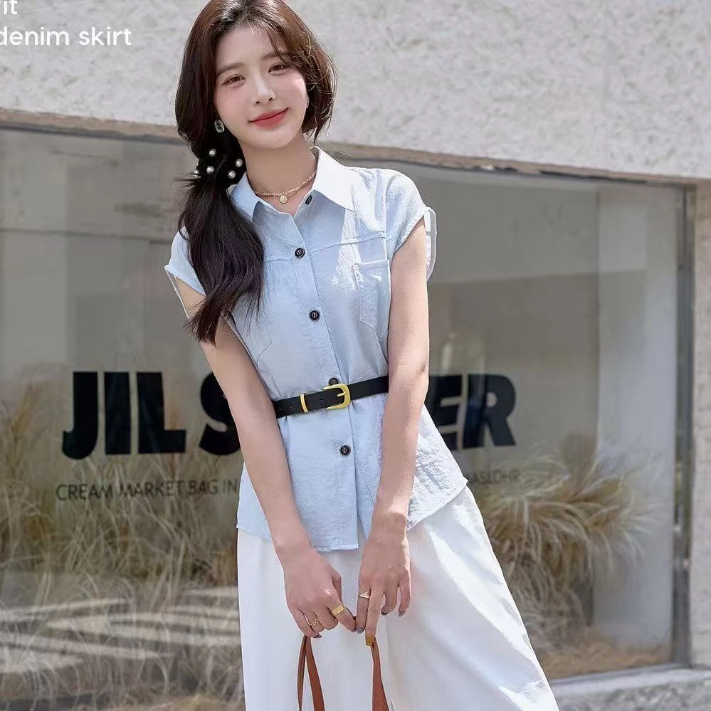 2025夏季新款时尚气质显瘦百搭无袖衬衫上衣流行优雅阔腿裤两件套