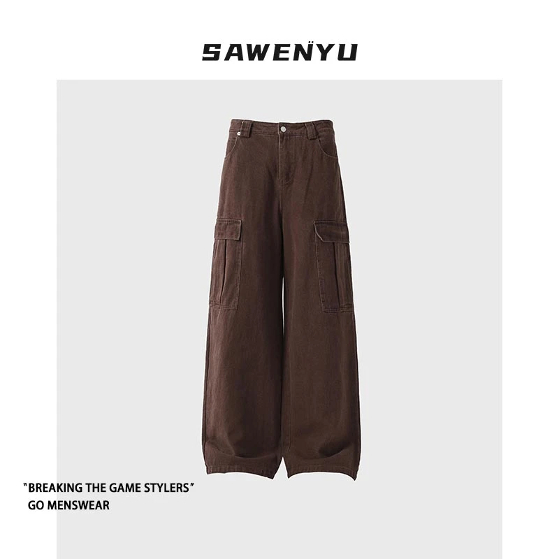 SAWENYU多口袋棕色工装裤男女新款直筒拖地oldschool裤子胖男生