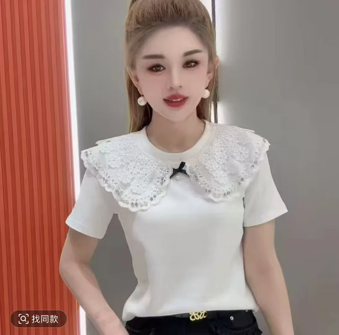 欧洲站2025春夏新款拼接胖妹妹娃娃领短袖t恤时尚修身显瘦上衣潮