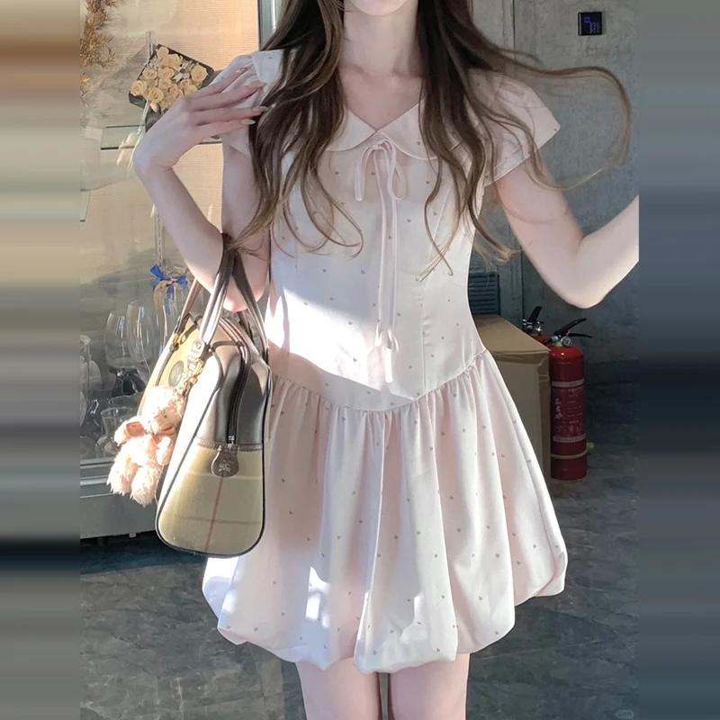小个子温柔风粉色连衣裙子女夏季2025新爆款气质甜美漂亮花苞短裙