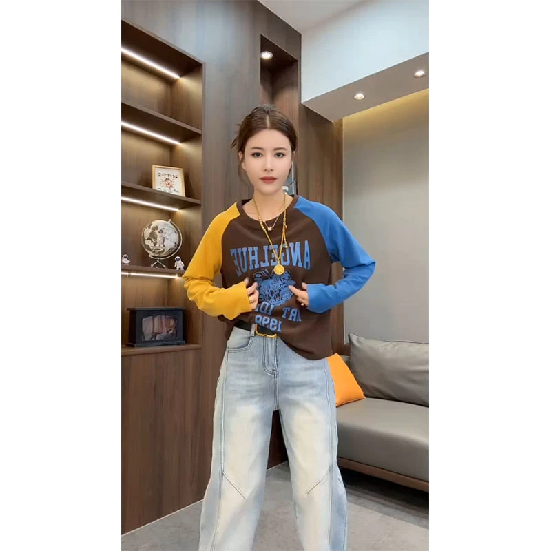 欧货冬季新款撞色插肩时尚潮流圆领长袖t袖减龄休闲穿搭上衣女