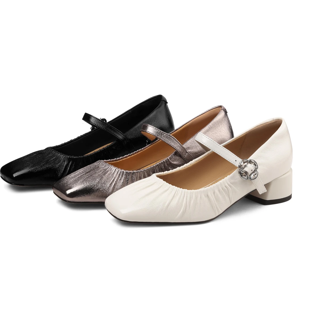 3.5CM法式褶皱玛丽珍真皮粗跟中跟方头一字扣带百搭单鞋女CY2643