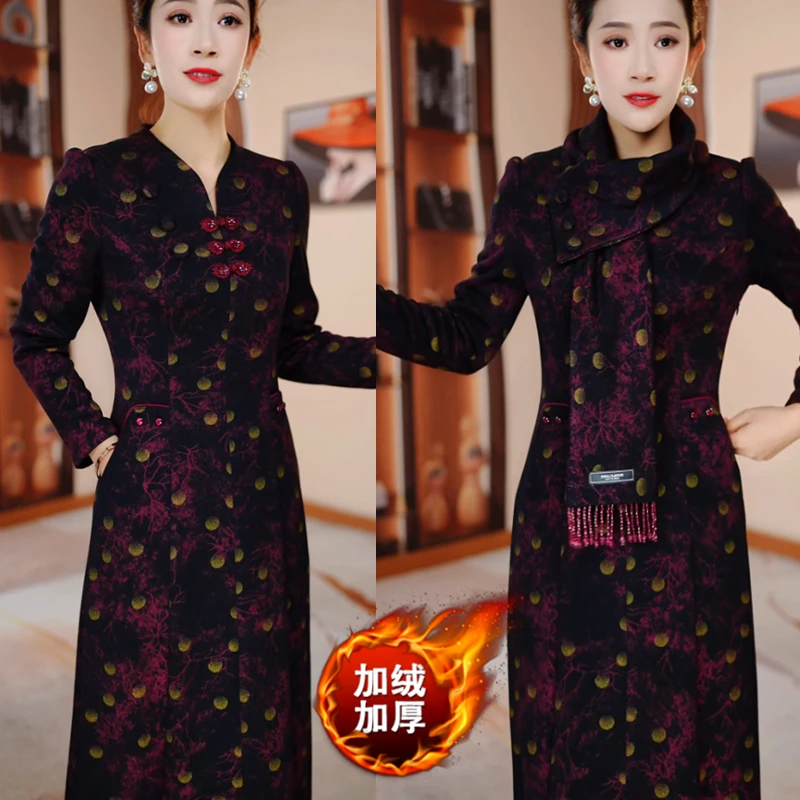 木兰棉加绒冬季加厚修身显瘦衣裙H5B555气质高雅改良旗袍国风