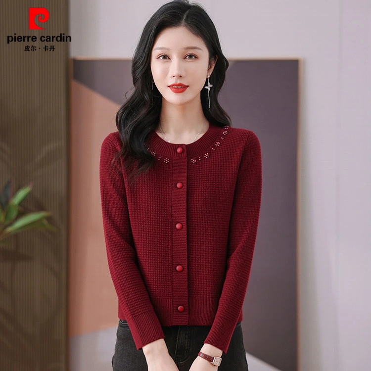 皮尔卡丹圆领短款羊毛针织开衫女小香风钉珠时尚妈妈装毛衣外套