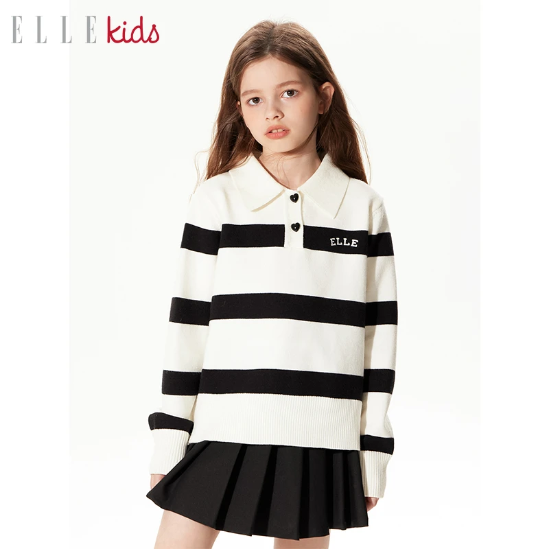 ELLE KIDS学院风polo领条纹毛衣女童春季翻领套头针织衫