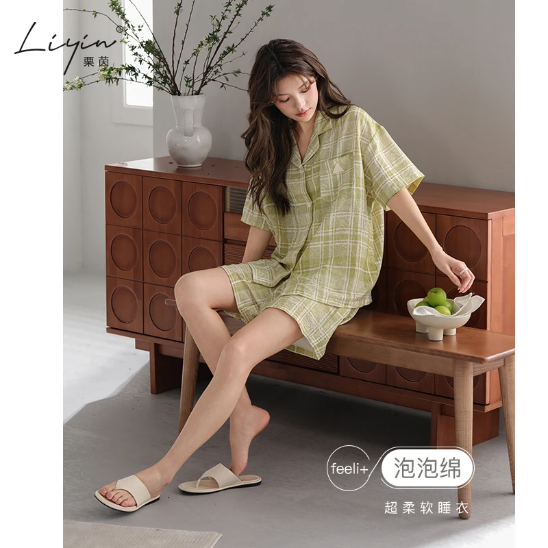 栗茵小众设计师新款泡泡绵夏季女士短袖睡衣时尚可外出家居服套装