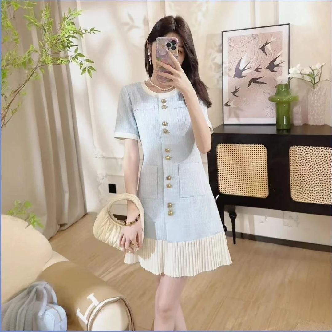 法式高级感蓝色小香风连衣裙女2025新款夏季名媛千金风显瘦裙子