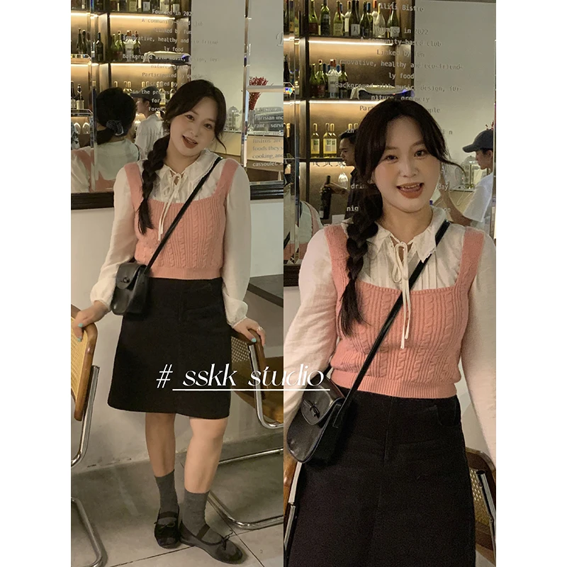 山_山【甜莓奶盖马甲】微胖mm韩系甜美显瘦粉色针织马甲背心