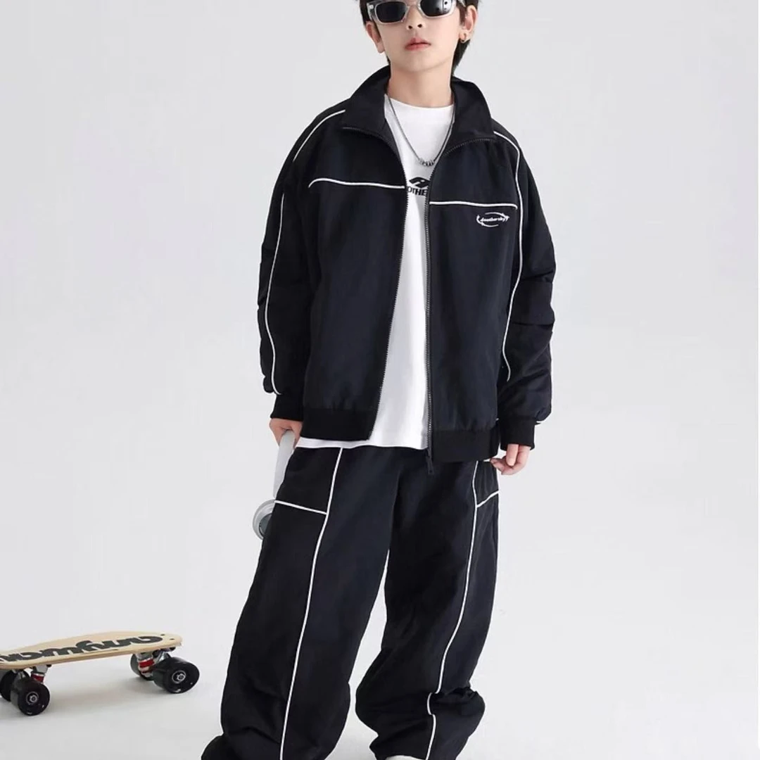 男童早秋季韩范撞色机车风运动套装2025新款中学生儿童户外两件套