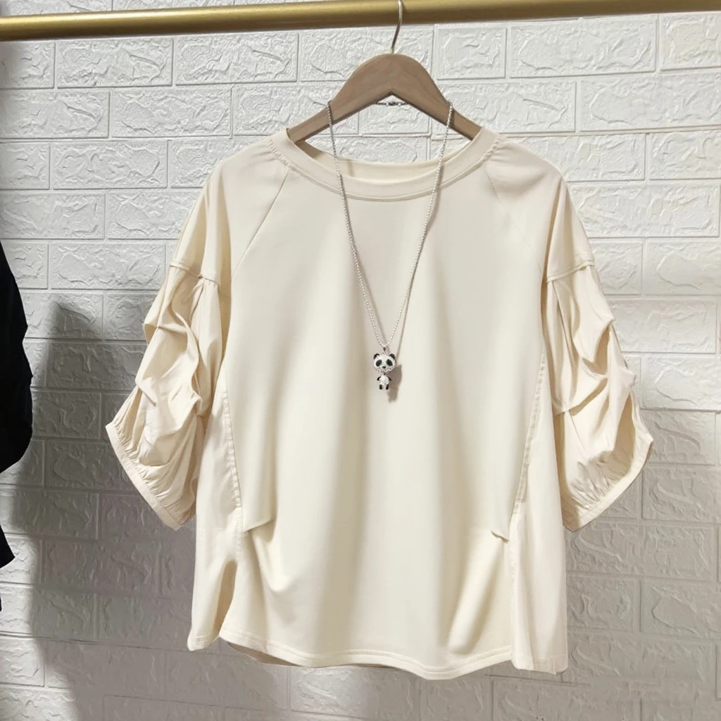 纯色正肩五分袖T恤夏季新款大码胖妹妹遮肚显瘦设计感灯笼袖上衣