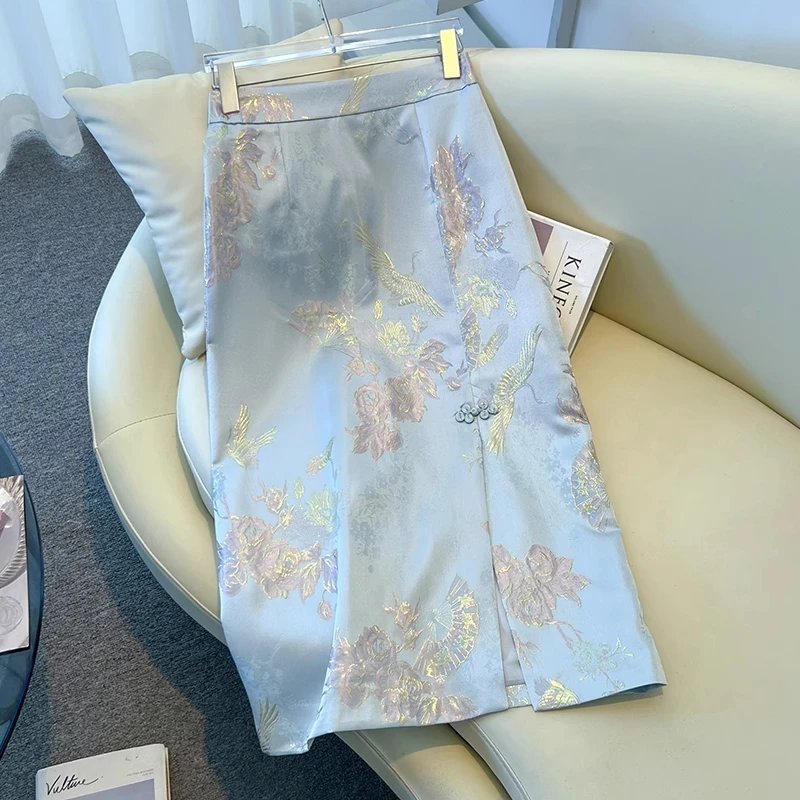 新中式国风a字半身裙女春秋季2025新款高腰新中式印花裙包臀裙