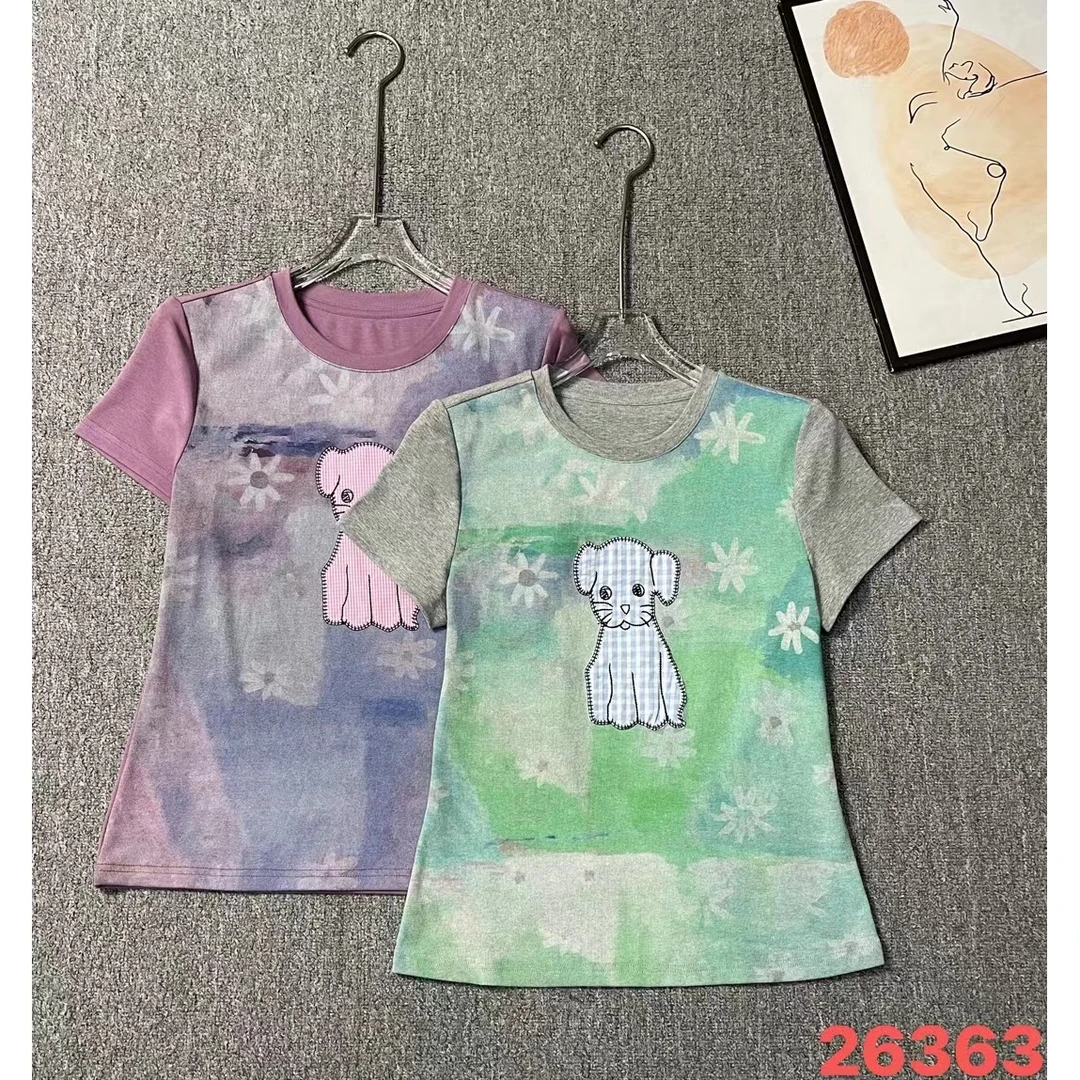 Mozch 【衣长】青春减龄萌萌狗花朵印花撞色小众百搭T恤26363
