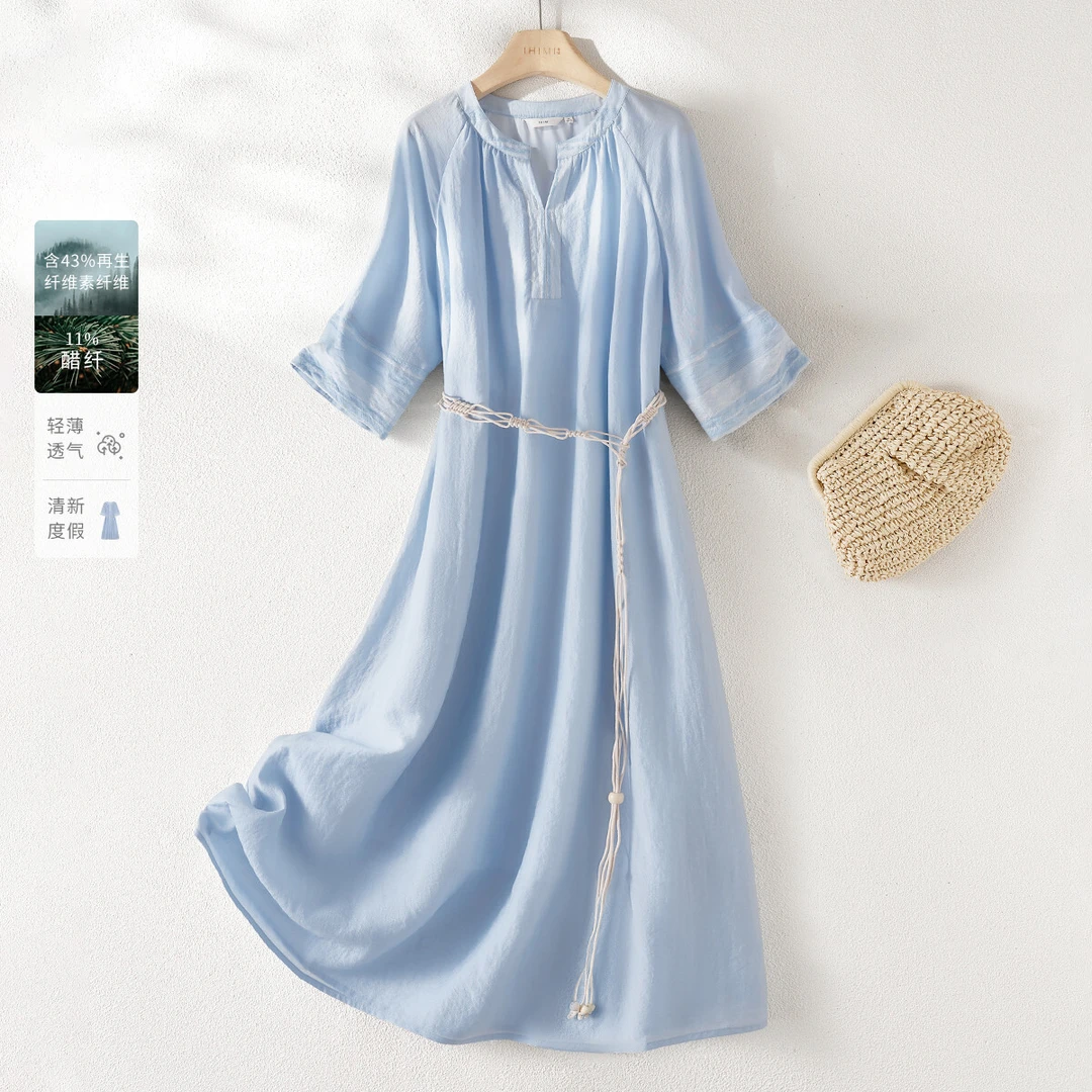 IHIMI/海谧2025年夏季新款女装简约洋气拼接舒适中长款显瘦连衣裙