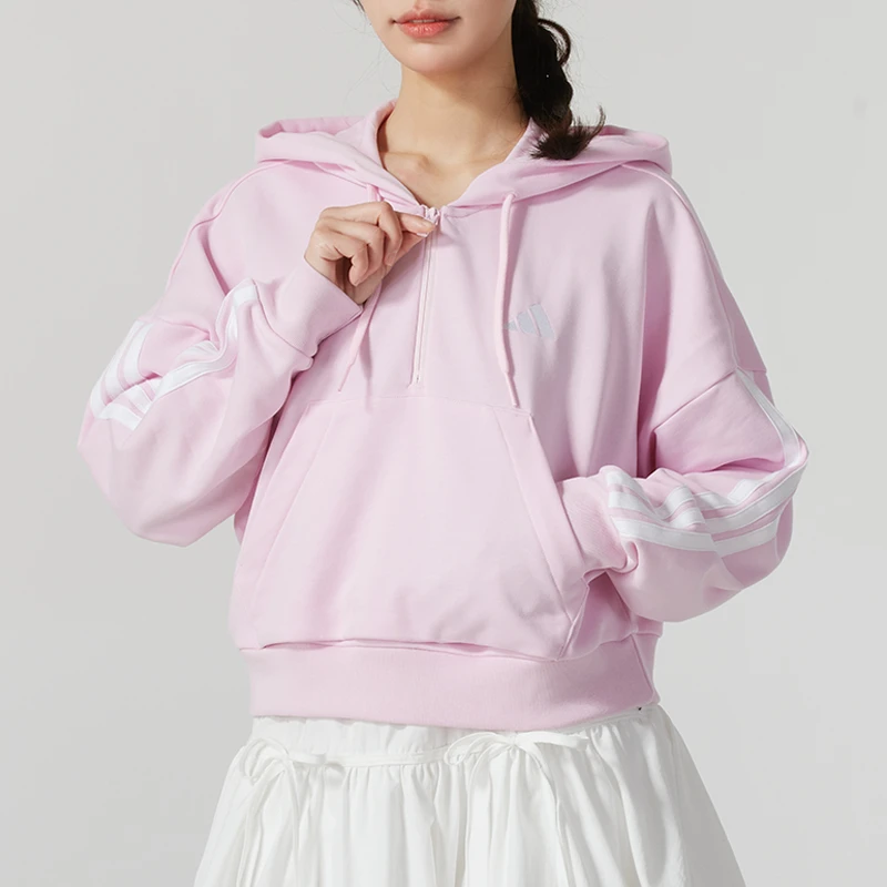 Adidas阿迪达斯女子短款卫衣半拉链运动休闲连帽套头衫JN1943