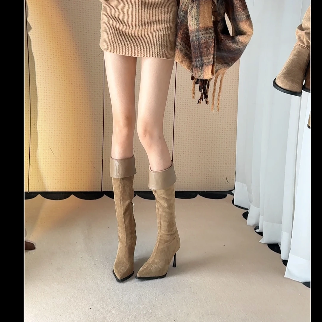 新款尖头细跟褶皱堆堆靴女2025秋冬新款复古百搭高跟显瘦高筒靴子