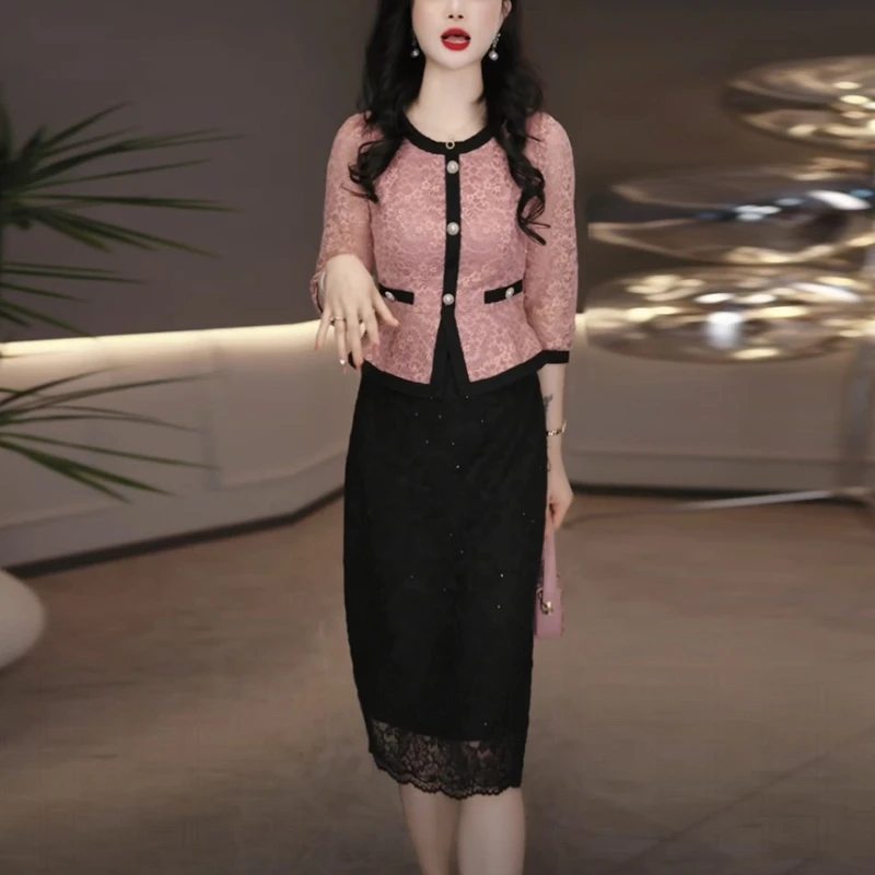 勾花蕾丝小香风女装2025秋季新款七分袖高级感轻奢假两件连衣裙子