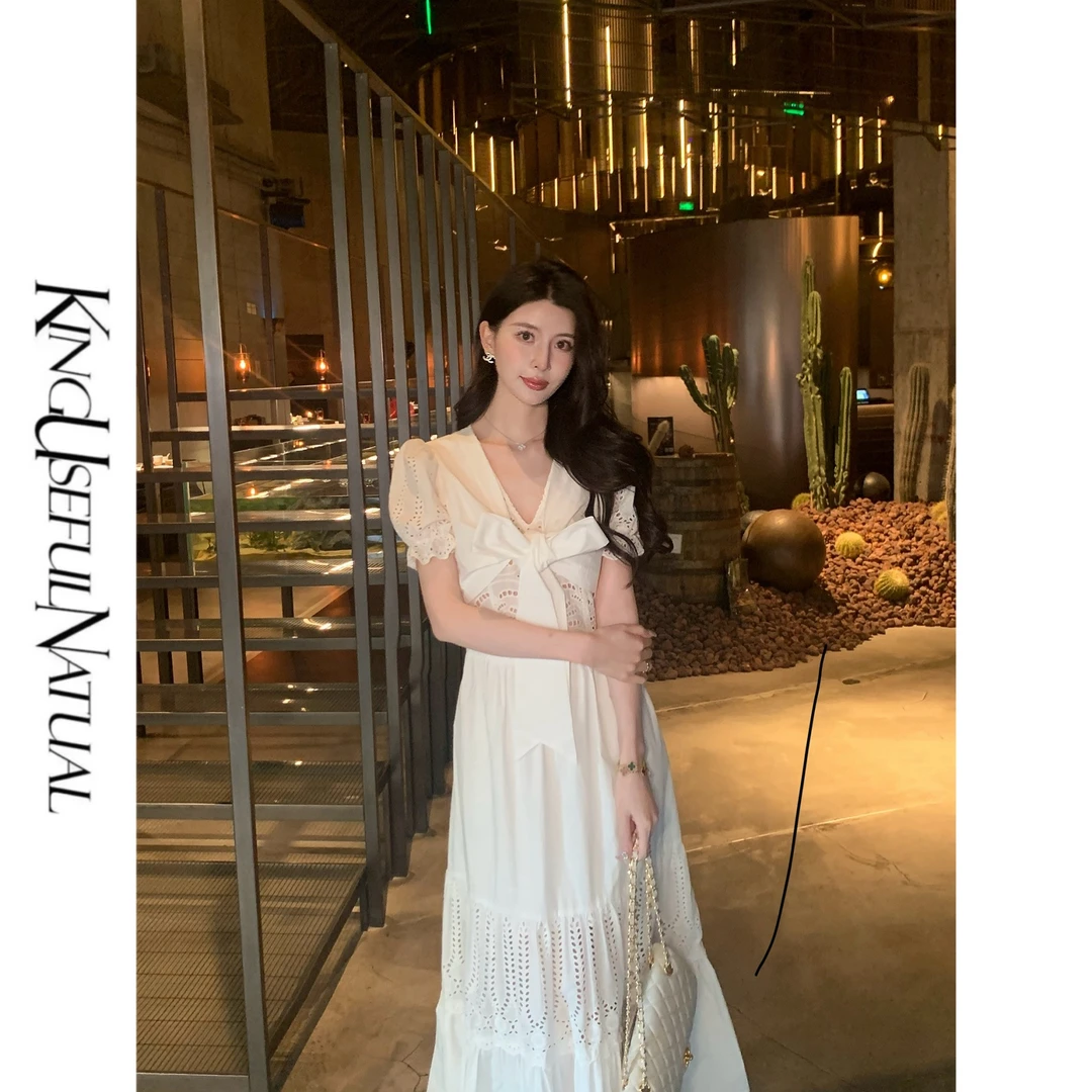 KUN【心动赴约】结构素雅 重工镂空绣花春季欧若风白色假两件连衣裙