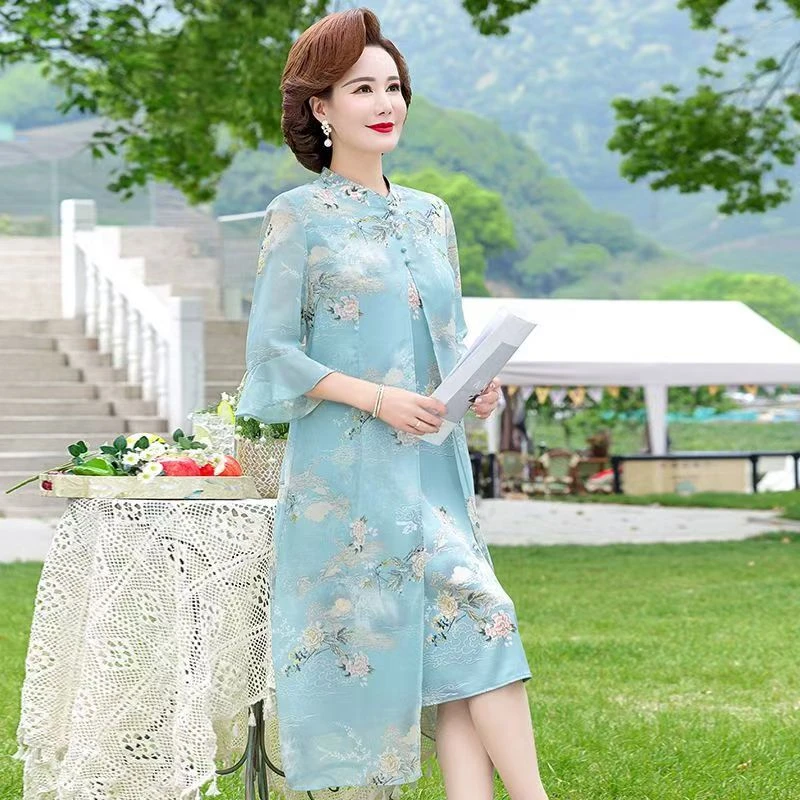 10254-妈妈夏装洋气连衣裙中年女裙子中老年遮肚子旗袍裙【A2-1-3】