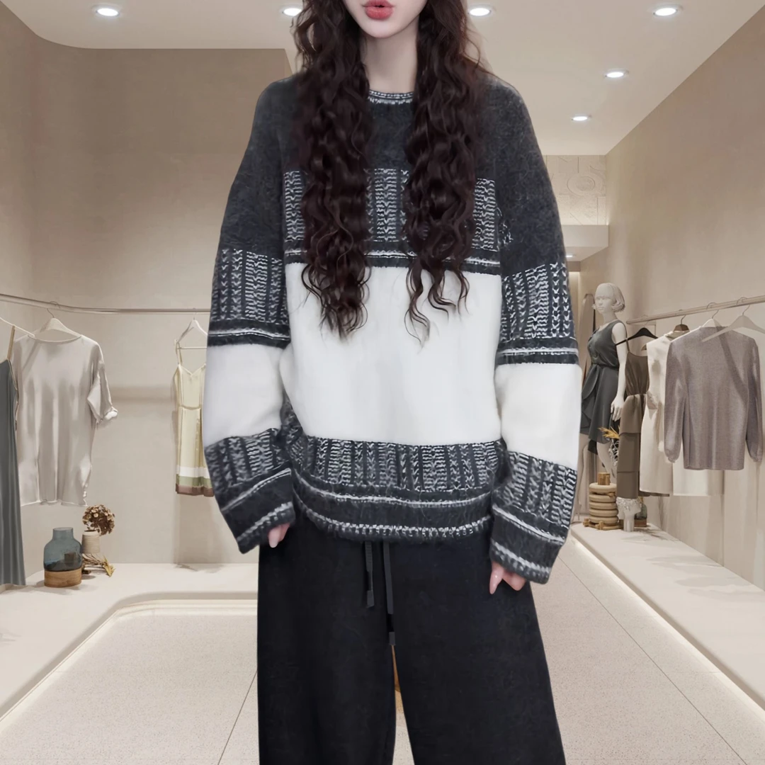 圆领拼接撞色长袖毛针织衫女2025秋冬新款气质休闲慵懒风打底上衣