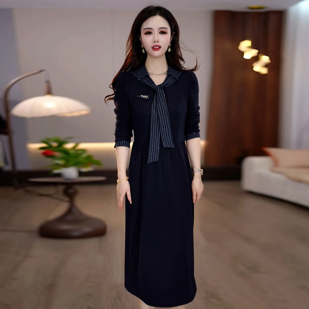 高档气质假两件连衣裙女2025年秋季新款妈妈装修身显瘦中长款裙子