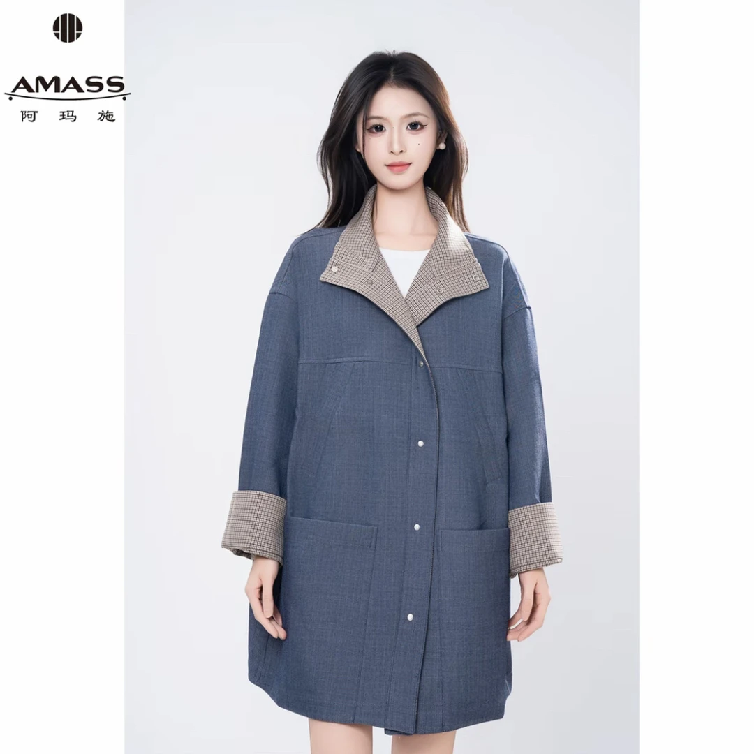 【北京阿玛施】540057秋冬新款复古丹宁风时尚气质舒适高级风衣外套