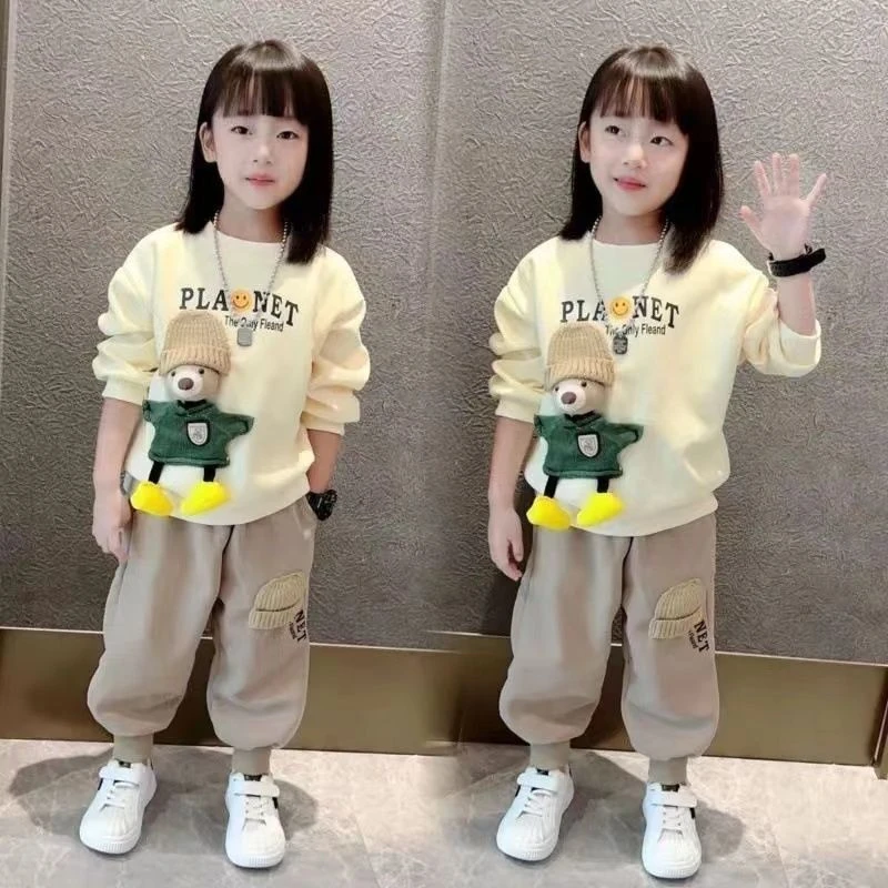 女童春季加厚网红儿童卫衣套装女孩男女童卫衣春秋两件套秋冬加绒
