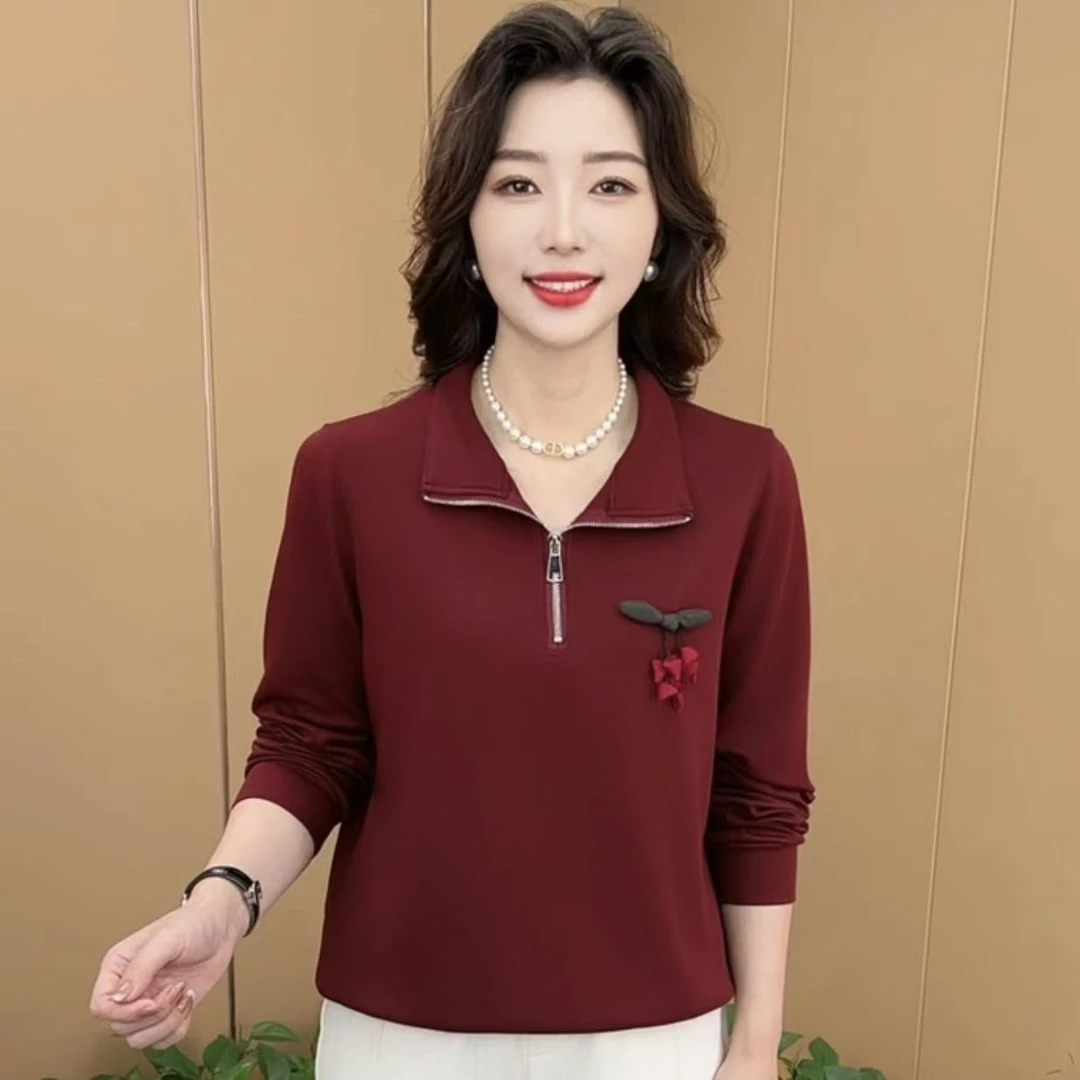 秋季新款时尚立领半拉链纯色洋气妈妈装休闲百搭长袖上衣K8908