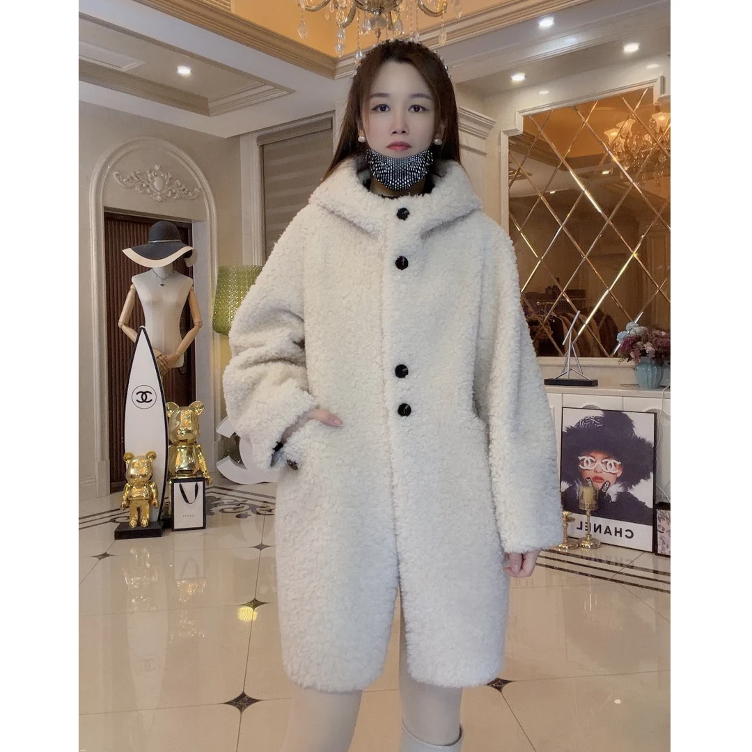 【猫姐家】女士绵羊羊毛皮草外套羊羔毛女士冬季加厚中长款连帽外套