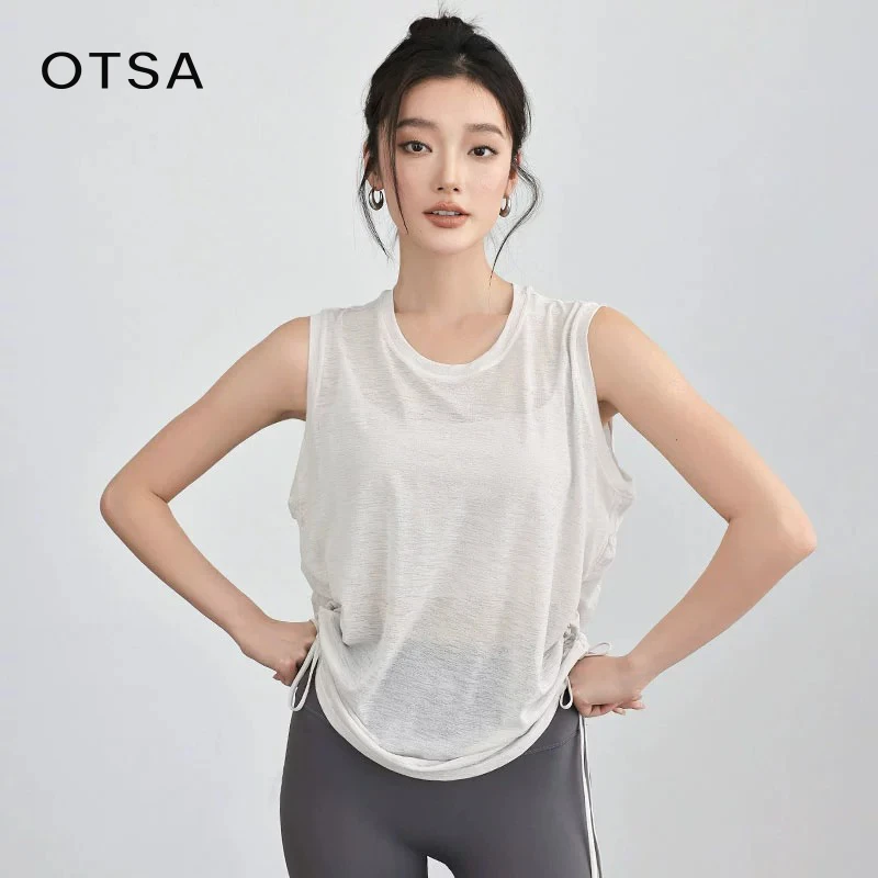夏季瑜伽T恤设计感健身运动背心女抽绳透气宽松休闲圆领瑜伽服夏