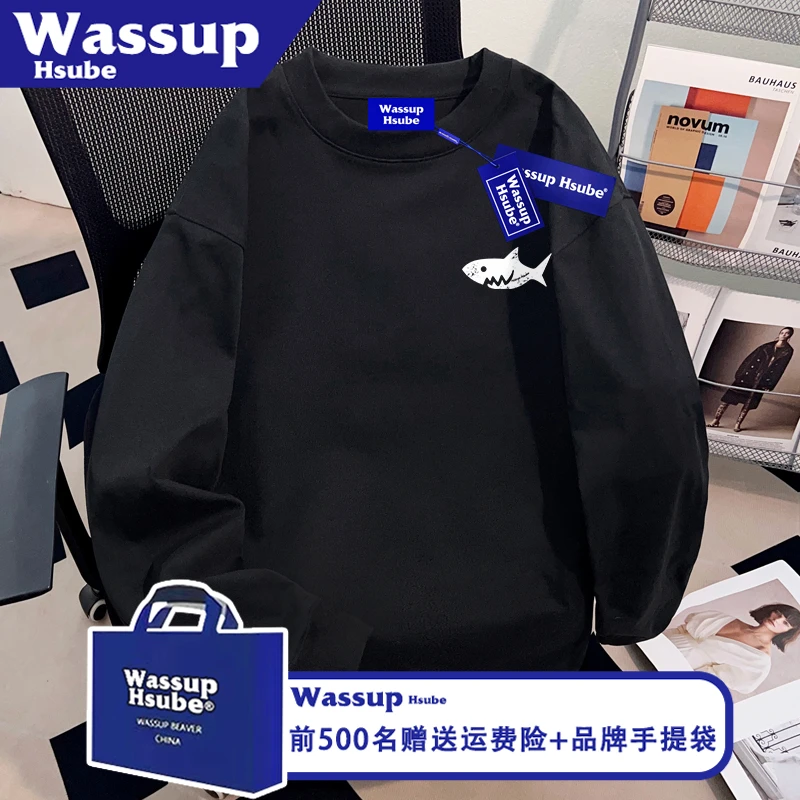 WASSUP HSUBE小鲨鱼印花男女款上衣美式100%纯棉T恤秋冬黑色长袖