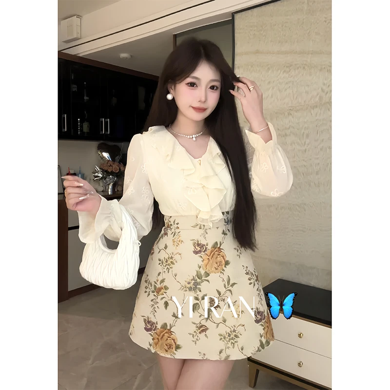 【现货】大码荷叶边高腰提花连衣裙秋装杏色长袖法式宫廷风裙子9880