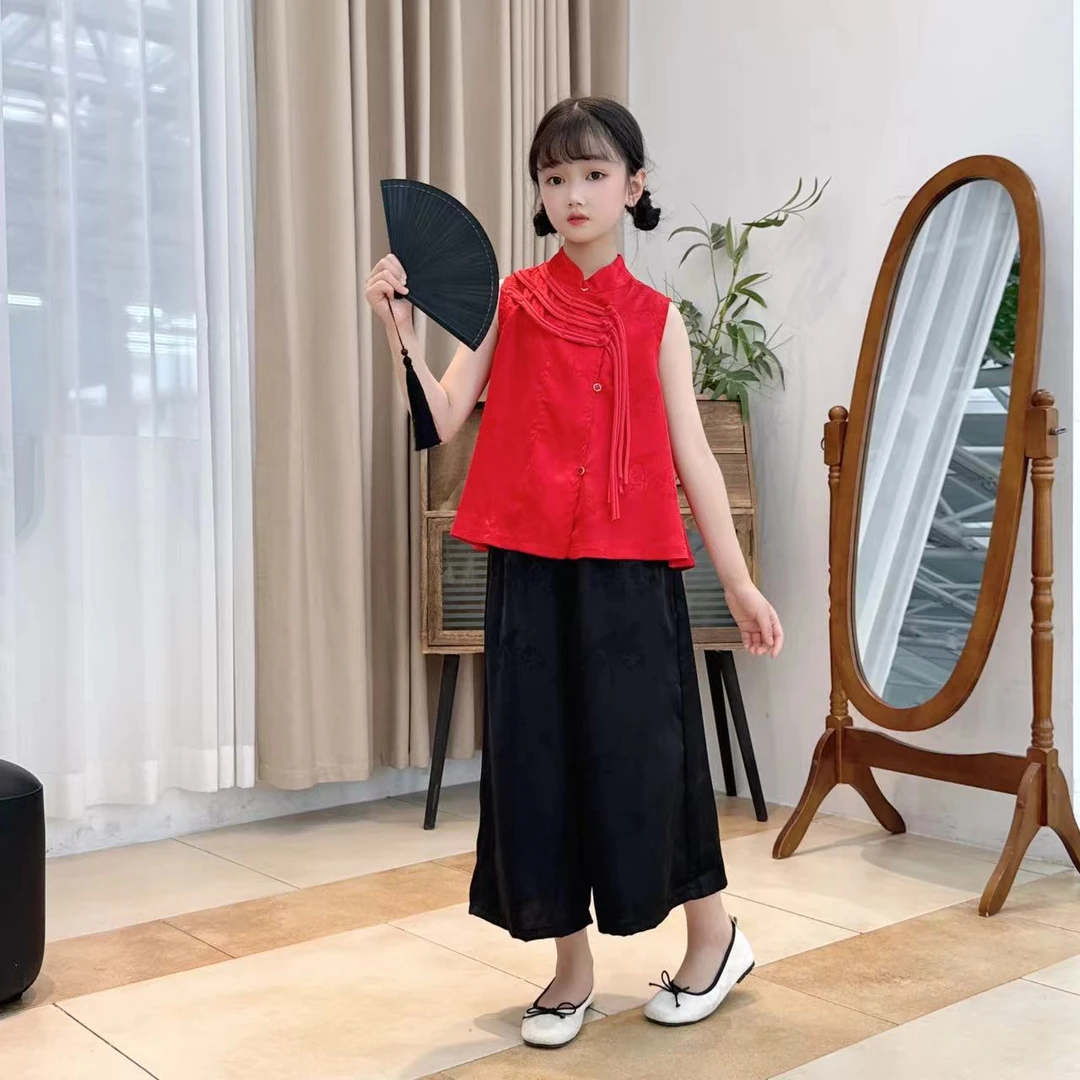 女童国风套装夏装2025新款中大童洋气中式盘扣无袖衫阔腿裤两件套